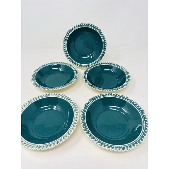 Harkerware Corinthian Teal Green 5” Ice Cream Berry Bowls Set Of 5 - Picture 1 of 9